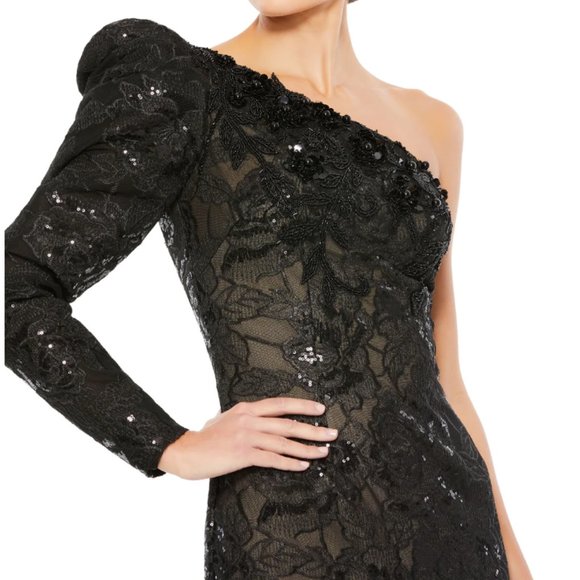 MAC DUGGAL 12444 EMBELLISHED ONE PUFF LONG SLEEVE TRUMPET BLACK GOWN sz 4 - Picture 3 of 6